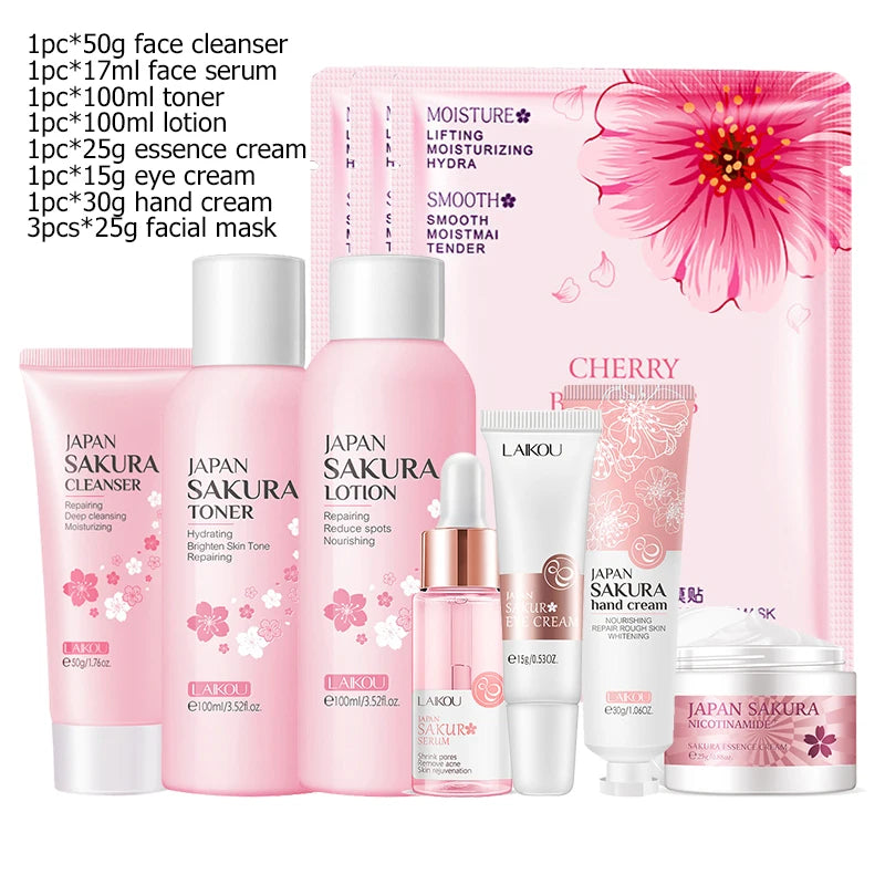 Facial Products Kit Sakura / Green Tea Face Cream Nourishing Skin Face Serum Smoothing Eye Cream Skincare Korean Cosmetic