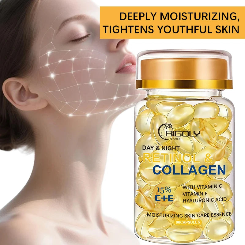 1 Bottle of 90 Capsules of Collagen Moisturizing Skin Care Essence, Containing Collagen to Nourish, Moisturize, and Brighten the Skin, Making It Smooth, Delicate, and Elastic Individually Packaged, a Must-Have Travel Item.